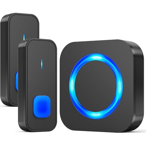 Funk-Türklingel, 400 m Reichweite, mit zwei externen Sendertasten, 55 Melodien, 5 Lautstärken, für Zuhause, blaue LED-Anzeige, schwarz (1/5)
