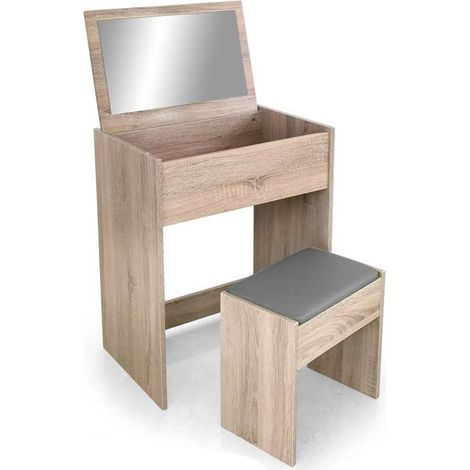 TOELETTA IN LEGNO CON SPECCHIO PIEGHEVOLE E SGABELLO 60X40X75 CM ROVERE (1/2)