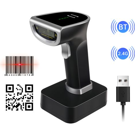 Lecteur de codes-barres 2D QR sans fil avec socle, douchette USB filaire, scan papier et écran, compatible Windows Android Mac, déclenchement manuel/continu/automatique, pour supermarché, boutique, bi (1/4)