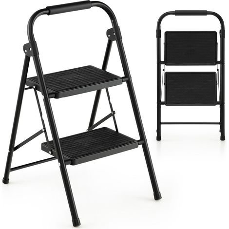 Escalera plegable de 2 peldaños 47 x 39 x 71 cm con asa acolchada y superficie antideslizante en metal negro 200019594