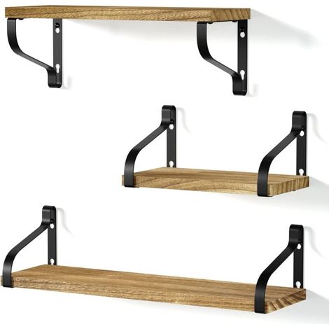Etagères Murales Lot de 3 Etagères Flottantes en Bois et Fer Charge Maximal 20 Kg pour Salon Chambre Bureau Salle de Bains ou Cuisine, Noir Carbonisé