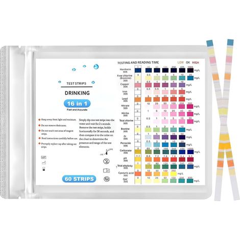 16 en 1 Bandelettes de Test d'eau Potable, 60 Tests pour eau Test de Dureté de l'eau potableAnalyse Rapide PH Métaux Lourds Nitrate Chlore Dureté pour Robinet Aquarium Piscine Puits Spa (1/5)