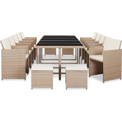 15-tlg. Garten-Essgruppe mit Auflagen Poly Rattan Beige