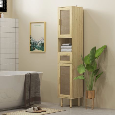 Colonne de rangement salle de bain en rotin, meuble étroit avec 2 portes et tiroir, 2 placards, dimensions 32x30x170 cm, finition chêne, idéal pour petits espaces. (1/5)