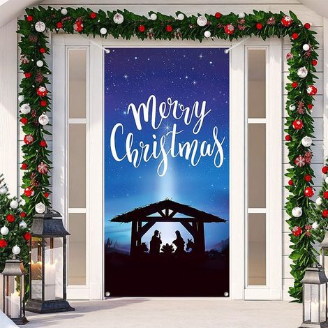 Décorations de Noël avec cloches, nœuds, flocons de neige, Père Noël, banderole « Joyeux Noël » - 90 x 180 cm (perforée + ruban) - Lot de 4