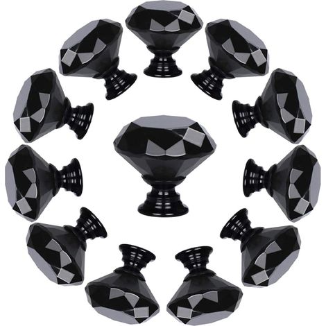 BEBUSINGOTO 10er-Pack Schubladenknöpfe aus Kristallglas in Rautenform (30 mm, ganz schwarz) Schrankknöpfe Zuggriffe (1/5)