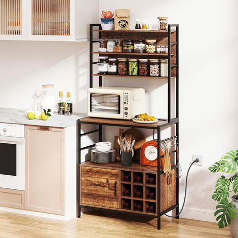 GOPLUS Buffet de Cuisine H.170CM avec Station de Chargement,Crochets,Porte-Bouteilles de Vin,Support pour Micro-ondes-Marron (1/2)