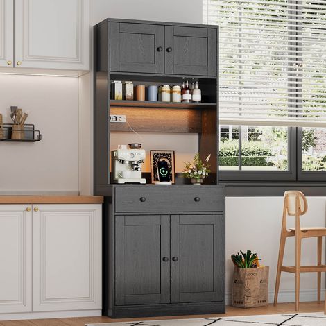 Credenza cucina alta 180 cm in MDF nero con LED, prese, cassetto e ripiani (1/5)