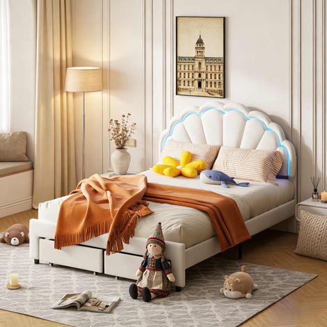 Cama doble de 140x200cm – Terciopelo blanco – Cabecero con diseño de pétalos – Cajón a los pies – Iluminación LED ambiental – Base de láminas (1/5)