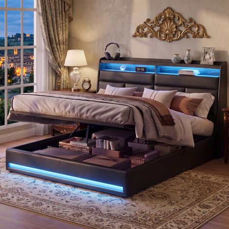 JOOKGBD‑Letto contenitore 140x200cm letto matrimoniale in pelle PU nera, sollevamento idraulico, testiera con mensola, striscia LED RGB, luci a piede letto, controllo app e telecomando,rete a doghe (1/5)
