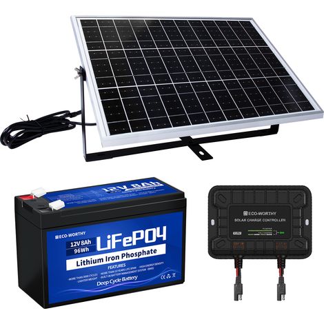 ECO-WORTHY kit de Panneau Solaire 25W 12V Mono Panneau Solaire PV 25W avec contrôleur 4A et batterie au lithium 8Ah 12V pour Voiture RV Accueil Batterie Charge