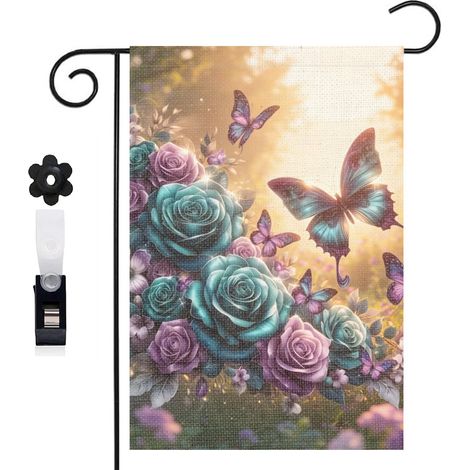 Drapeau vertical ambiance féerique et papillons morpho 30 x 45 cm décoration jardin d'été (1/5)
