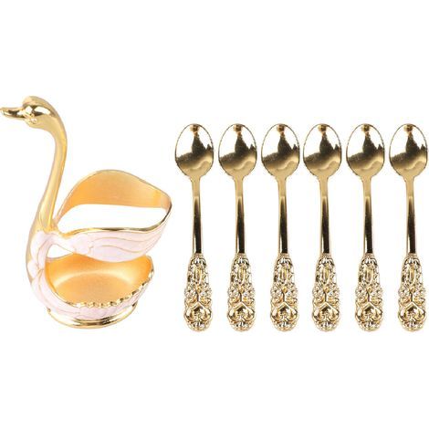 Eleganter, schwanenförmiger Kaffeelöffelhalter, gold-weißer Rührstäbchenständer, perfekt für Cafés, Büros oder Partys. (1/5)