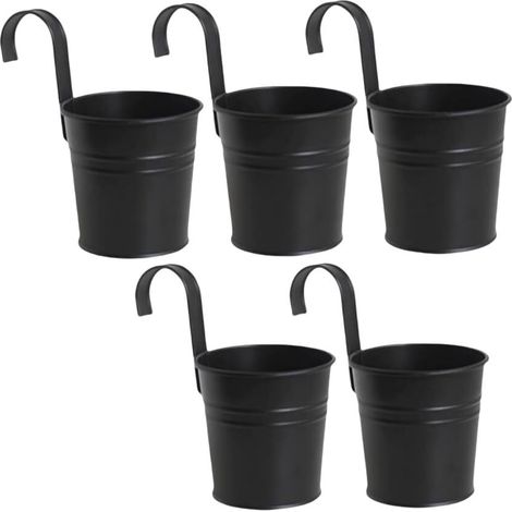 Juego de 5 macetas colgantes de metal con gancho para decoración de interiores y exteriores, ideales para barandillas, vallas, balcones y jardines (Negro)