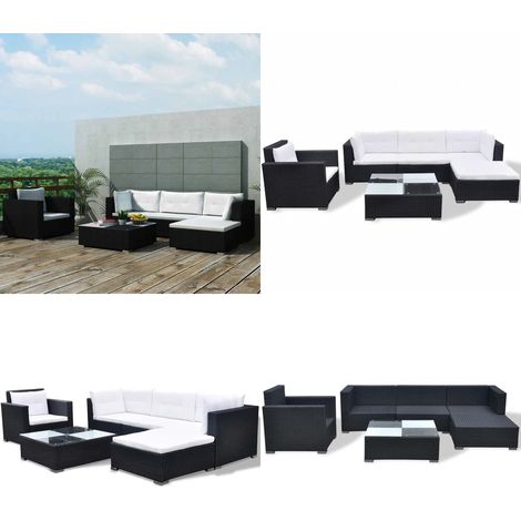 Set Divani da Giardino 6 pz con Cuscini in Polyrattan Nero - Tavolino da giardino - Rattan