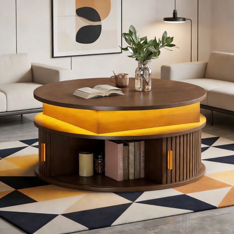 Table basse ronde relevable 75 cm noyer avec LED, rangement caché et 2 portes tambour, en MDF, hauteur réglable jusqu'à 52 cm (1/5)