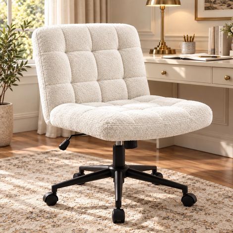 Chaise de Bureau, Large siège de couturière, Ergonomique, réglable en Hauteur, pour Maison, Bureau, Maquillage, Chambre à Coucher (Sherpa, Blanc) (1/5)