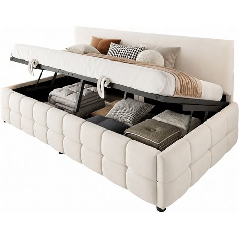 Letto contenitore 90x200 cm in velluto beige con sollevamento idraulico e doghe - CHICFURN (1/5)