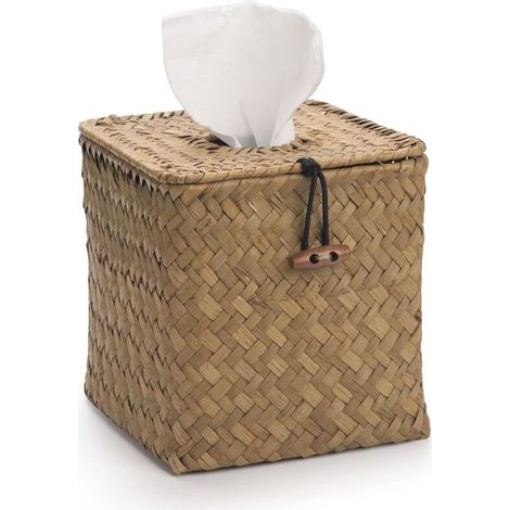 Boîte à Mouchoirs Carré en Seagrass Tissées Nature pour la Maison, Le Bureau et la Voiture (Naturel, 14x14x14cm) (1/4)