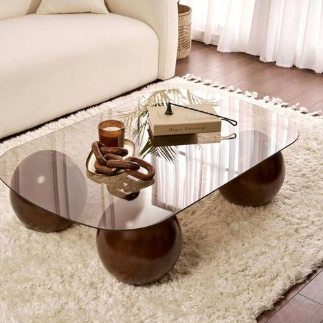 Table basse verre ambré bords arrondis 4 pieds boule KOCHI