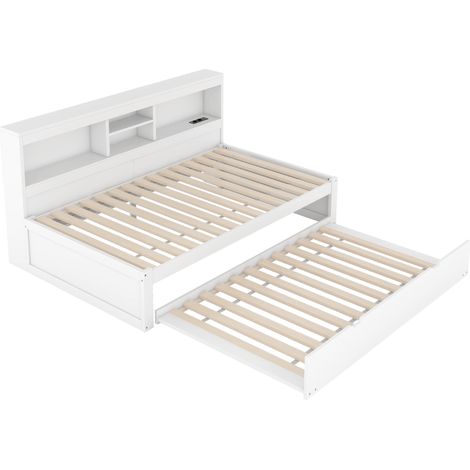 Canapé-lit, lit de jour, 90200cm, avec éclairage LED, rangement latéral, lit gigogne, prise + USB, sans matelas, blanc (1/5)