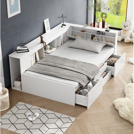 Letto singolo bambini 90x200 cm con cassetti, libreria e vano portaoggetti, cassone contenitore, bianco, senza materasso (1/5)