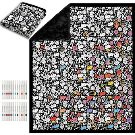 Couverture coloriage DIY 150x125 cm – 24 marqueurs inclus – Lavable – Velours doux – Détente créative (1/5)