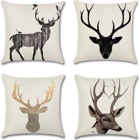 4er-Set Dekokissenbezüge mit Hirschmotiv, Polyester-Leinen-Kissenbezüge, Kissenbezug, Kissenbezug für Sofa, Auto, Schlafzimmer, Heimdekoration (45 x 45 cm)