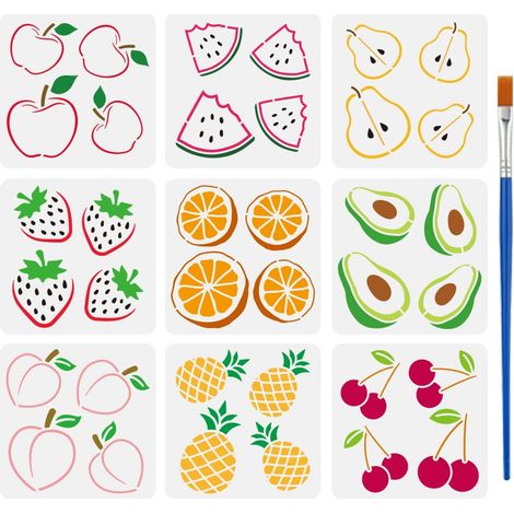 9Pcs Pochoir de Peinture de Fruits Avec Pinceau 15x15cm Pomme Pastèque Poire Fraise Orange Modèle de Dessin Avocat Pêche Ananas Cerise Pochoir pour Peinture sur Bois Mur Meubles (1/5)