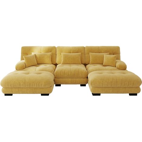 Canapé d'angle modulaire en chenille vintage jaune avec ottomans assortis (1/5)