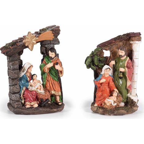 Decorazioni Presepe / Sacra Famiglia in resina colorata da appoggiare, set da 4 pezzi, cm 12 x 6 x 15,5 H