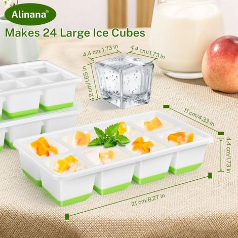 Grand Bac à Glacon, Alinana Lot de 3 Bacs à Glaçons en Silicone avec Couvercle, Sans BPA - Empilable Moule à Glaçons pour 24 Gros Glaçons, idéal pour Cocktails, Whisky, Jus (Couleur Vert) (1/4)