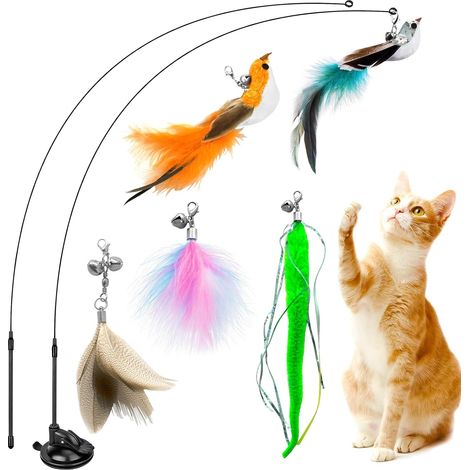 Pièces Jouets pour Chats Interactifs d'intérieur avec Ventouses Puissantes et Cannes à Pêche - 2 Oiseaux Réalistes & 3 Jouets à Plumes, Baguette Intelligente Anti-Stress (1/5)