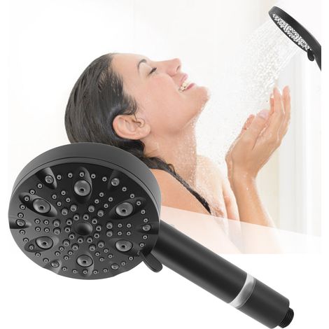 Pommeau de douche à main 9 fonctions avec pistolet de pulvérisation et surpresseur, pommeau de douche filtrant 9 fonctions, noir (1/5)