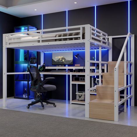 Lit Mezzanine 140x200cm - Lit Haut 2 Places en Métal avec Escalier de Rangement Étagères LED et Prises USB Type-C - Blanc (1/5)