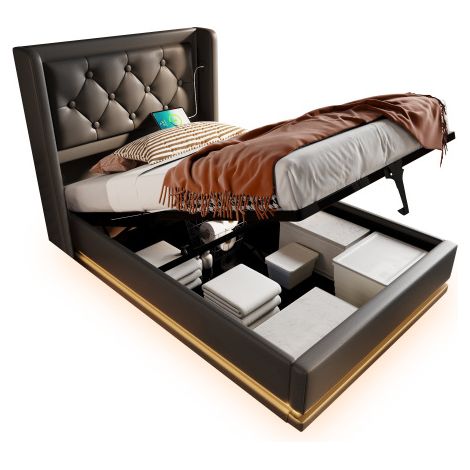 Lit simple rembourré 90200 cm,matériau PU noir,lit coffre hydraulique,tête de lit rembourrée avec fonction de charge USB Type-C,fonction LED 3 côtés (sans matelas) (1/5)