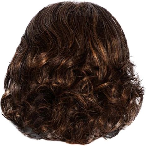 Perruque courte bouclée pour femme brune, cheveux courts avec frange angulaire, en fibres synthétiques.
