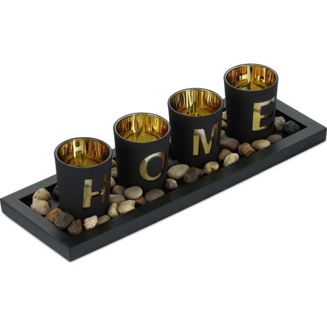 Set di portacandele decorativi con vassoio estetico, 4 portacandele, 60 x 20 x 5 cm, in metallo nero, 130011906