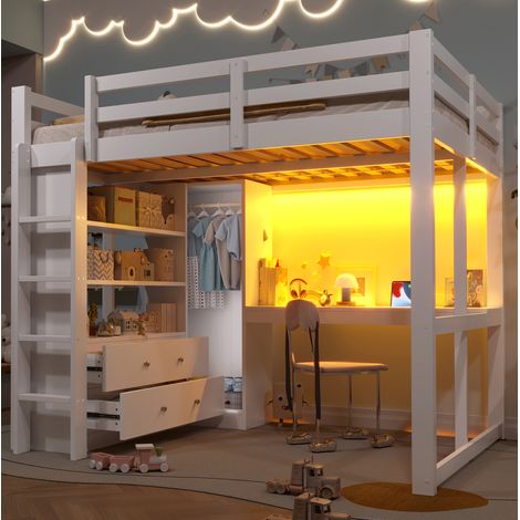 Letto rialzato adulti 140x200 cm con scrivania, armadio, 2 cassetti, ripiani portaoggetti, illuminazione LED e porta USB, senza materasso, bianco (1/5)