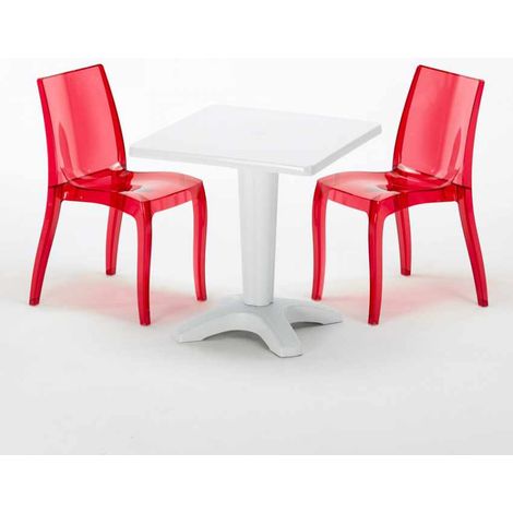 Tavolino Quadrato Bianco 70x70 cm con 2 Sedie Colorate Trasparenti Cristal Light Terrace - Trasparente Rosso