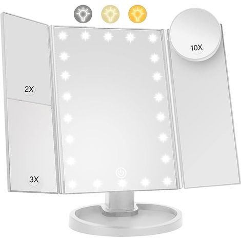 Miroir de maquillage pliable à 3 faces avec éclairage à intensité variable (22 LED) - Blanc (1/5)