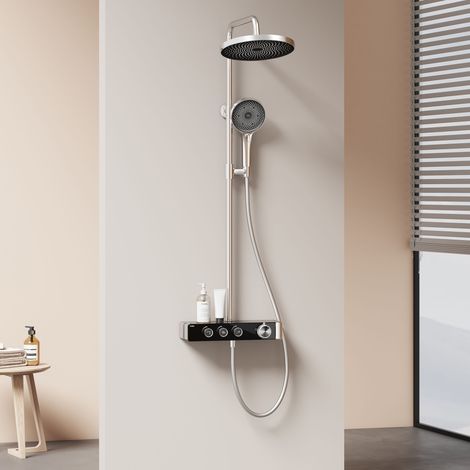 EMKE Thermostat Duschsystem mit 36cm Ablage & 26cm Regendusche Stufenloser Wasserregelung & Sicherheitssperre, Chrom