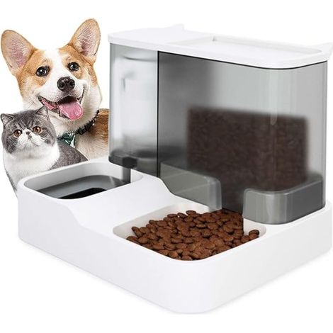 Distributeur automatique de croquettes et d'eau 2 en 1 pour animaux de compagnie, grande capacité, compartiments secs et humides séparés, anti-obstruction, matériau translucide, facile à nettoyer, con (1/5)