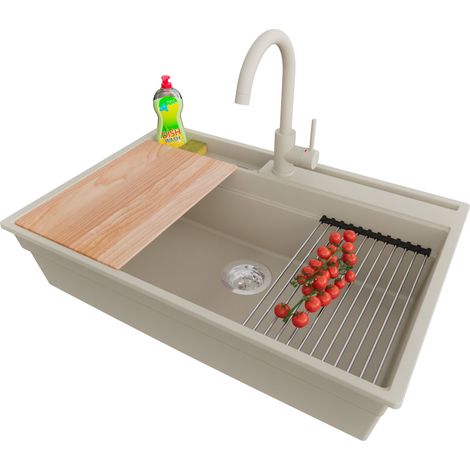 PRIMAGRAN Evier Cuisine en Granit 78x53cm,Lavabo 1 bac + Robinet 32x20cm + Kit de Vidage + Accessoires, Évier à Encastrer au meuble 80cm - Oslo Pocket, Beige (1/5)