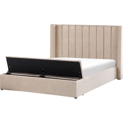 Cama con somier de terciopelo beige 160 x 200 cm reposacabezas alto banco Noyers