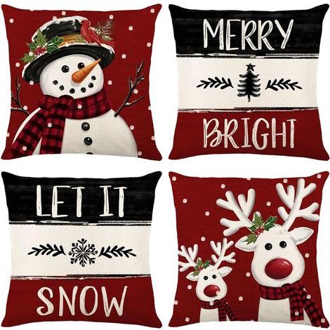 45x45 cmTaie D’Oreiller Joyeux Noël, Ensemble de 4 Pièces Taie D’Oreiller D’Hiver en Lin, Taie D’Oreiller de Noël, Dessin Animé Bonhomme de Neige Elk Motif Décoration Intérieure (1/5)