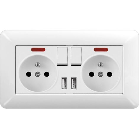 Plaque Double Prise Type 146 Interrupteurs & Double USB avec Voyants  Blanc Verre 16A 220V  Rénovation Moderne
