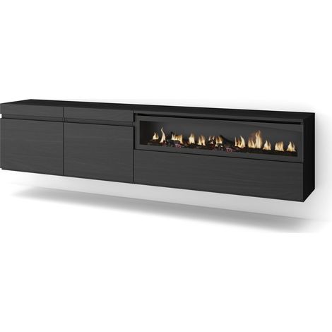 Skraut Home - Meuble TV, Banc Télé, Grand espace de Rangement, 200x45x35cm, Pour les TV jusqu'à 80", Cheminée électrique, Suspendu, Mural, Style moderne, Noir (1/5)