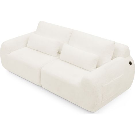Divano a 2 posti in tessuto effetto pelliccia di coniglio, con ricarica USB e tasca laterale, beige (1/5)