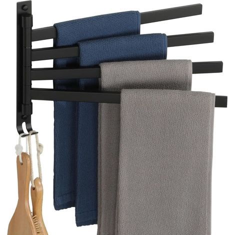 Porte Serviette avec 4 Barres 180° Rotatives, Support Sèche-Serviettes Mural en Acier Inoxydable SUS304, Idéal pour Salle de Bain et Cuisine, Noir Mat Montage par Vis, EGKN2520HD-4-B (1/5)
